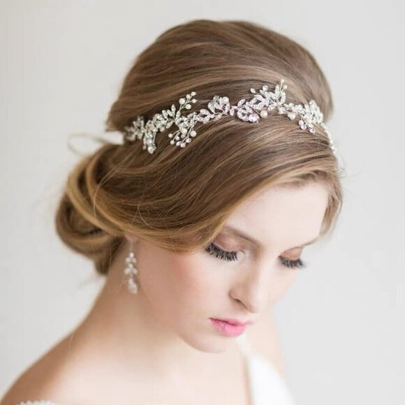 Crystal Hair Vine Bride Wedding Silver Pearl Bridal Headpiece Rhinestone Leaf Ha - Picture 4 of 7